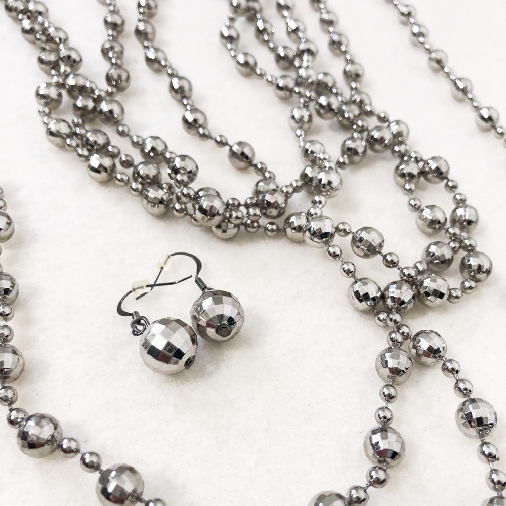 Gunmetal Glossy Grey Silver Faceted Beaded Layered Statement Necklace Earrings